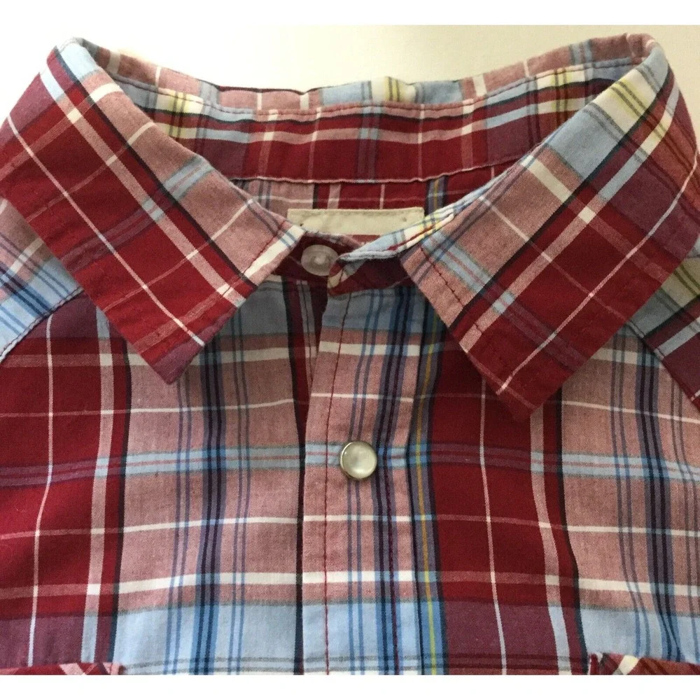 Levi's Strauss Shirt Mens Pearl Snap L Red Blue Plaid Western Cowboy Rodeo‎ SS
